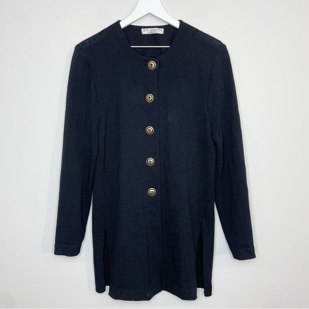 St.John Black Cardigan Sweater Gold Button Up Size Medium
